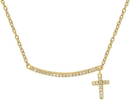 Gold PL Curved CZ Bar &amp; Dangling Cross Necklace, 16"