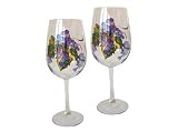 ArtisanStreet's Bordeaux Italian Crystal Wine Glasses. Set of 4 Large Goblets Features Grapevine in Shades of Purple & Blue. Trimmed with Green Leaves. Signed By Artisan. Hand Painted, Made To Order.
