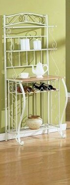 Kitchen: White Metal BAKERS RACK 4 Shelves and Built in Wine Rack