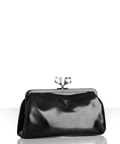 Prada black leather crystal kisslock clutch