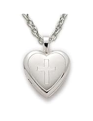 .925 Sterling Silver Heart Locket with Engraved Cross Pendant Womens Religious Jewelry Religious Locket Jewelry w/Chain Necklace 18" Length