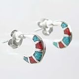 Little Sterling Silver, Turquoise and Coral Chip Inlaid Hoop Earrings, #TP127C