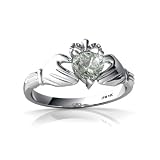 14K White Gold Heart Genuine Green Amethyst Celtic Claddagh Ring