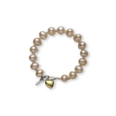 Key to My Heart Silver Charm Cultured Pearl Children Bracelet, Peach