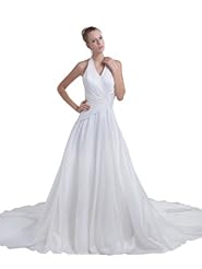 A-line V-neck Taffeta Halter Beaded Spring Fall Wedding Dress  with a Court Train 