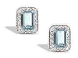 14K White Gold Genuine Emerald-cut Aquamarine and Diamond Earrings