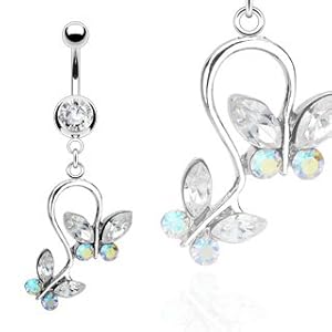 2-Butterfly Dangle Navel Ring - Jeweled Butterfly Belly Ring (14GA) [Jewelry]
