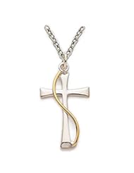 High Quality Sterling Silver Flared Cross with 24k Gold Finish Sash on 18" silver chain Cross Pendant Necklaces w/Chain 18" Length Gift Boxed.
