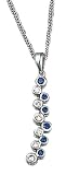 14K White Gold Hand-Crafted Designer Double Journey Pendant, Enhanced with six Bezel Set Diamond Stations and Sapphire Stones, Sliding on a 16'' Cable-Chain Necklace. (GH-Color, SI-Clarity, c.t.t.w.0.15CT, Sapphire 0.18CT).