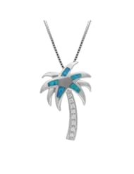 Jewelry: Sterling Silver CZ Blue Opal Palm Tree Necklace Pendant and Box Chain - Honolulu Jewelry Company
