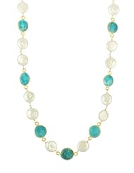 7 Station Turquoise Bezel and White Coin with Gold Plated Sterling Silver Link and Clasp Freshwater Cultured Pearl Necklace, 18"