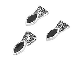 Earrings and Pendant Set - Marquise Cut Black CZ, Marcasite and Sterling Silver