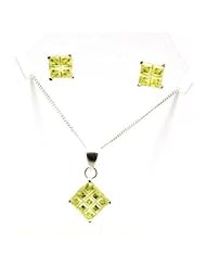 Toc Sterling Silver Peridot Princess Cut Cz Pendant and Stud Earrings Set