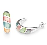 Chuvora Sterling Silver Multi-Colored Mother of Pearl Shell Studded Half Hoop Post Earrings