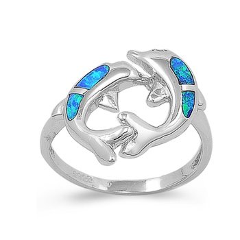 Sterling Silver Two Dolphin Blue Opal Ring Sizes 5 to 9