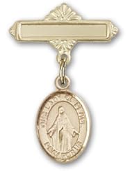 14K Gold Baby Badge with Our Lady of Peace Charm and Polished Badge Pin