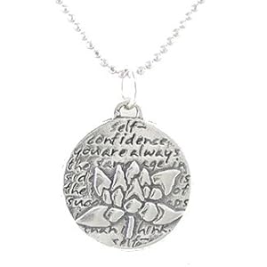 Small Round Reversible Lotus Flower Pendant with Words of Inspiration on a 16" Rhodium Diamond Cut Ball Chain, #8227