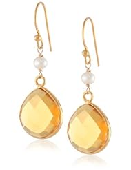 Faceted Gemstone Heart Shape Bezel with White Freshwater Cultured Pearl and Gold over Silver Ear Wire Drop Earrings