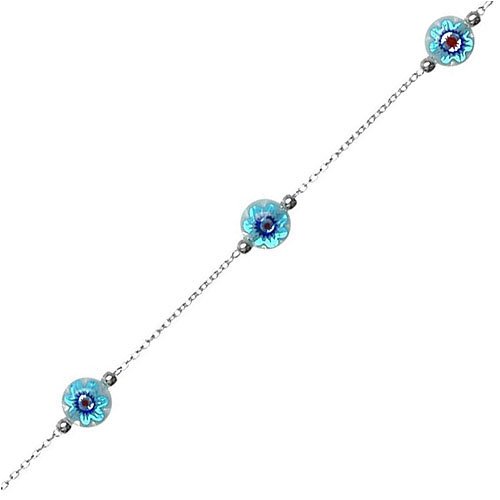 Sterling Silver Triple Blue Evil Eye Murano Glass Anklet 9in-10in