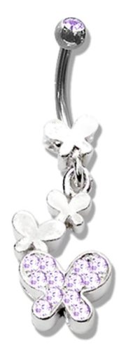 Click here to buy BR72 LIGHT AMETHYST (PURPLE-ISH) BELLY RING BUTTERFLY GEM DANGLER NAVEL by 2BhipBuckles.
