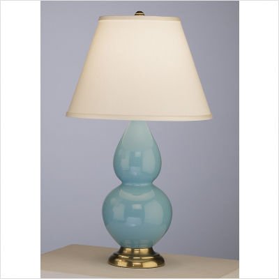 Robert Abbey 1760X Double Gourd - Accent Lamp, Egg Blue Glazed Ceramic Antique Natural Brass Finish and Pearl Dupioni Fabric Shade