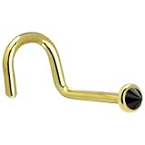 Solid 14KT Yellow Gold 2mm Black Diamond Spike Right Nostril Screw - 20 Gauge