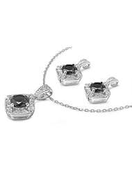Sterling Silver Squared Pendant Necklace and Earrings Jewelry Set with Black and Clear CZ