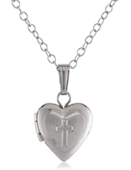 Sterling Silver Childrens Hand Engraved Cross Heart Locket Pendant Necklace , 13"