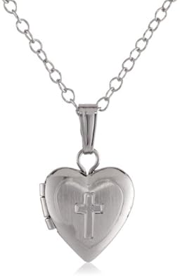 Cheap Girls Jewelry Sterling Silver Childrens Hand Engraved Cross Heart Locket Pendant Necklace , 13" For Sale