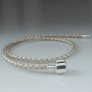 Hoobeads Jewelry White Leather Champagne Bracelet 925 Sterling Silver Barrel Clasp Bracelet (15.7 inches)