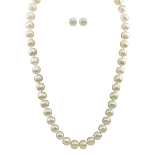 White Freshwater Cultured Pearl Necklace and Stud Earrings Set with Sterling Silver Clasp (9-10mm)