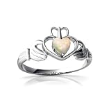 14K White Gold Heart Genuine Opal Celtic Claddagh Ring