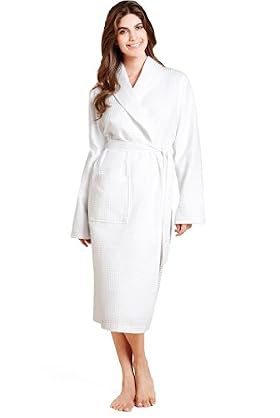 Pure Cotton Shawl Collar Waffle Dressing Gown with Towelling Lining