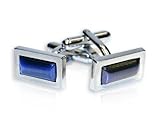 Elegant Navy Blue Cateye Cufflinks Framed in Silver with Presentation Box