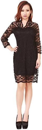 Women's Sexy Lace dress V Neck Slim 3/5 Sleeve (S, Black)