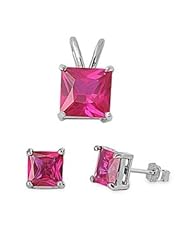 Sterling Silver Ruby CZ Earrings and Necklace Jewelry Set