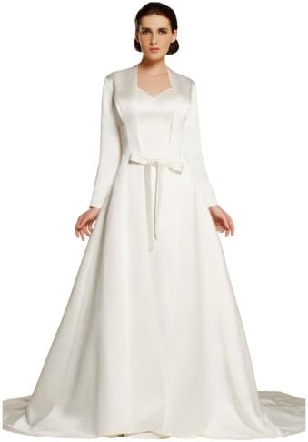 JSSHAN Women's Two-Piece Long Sleeves A-Line Matte Satin Bridal Train Robe Coat Wedding Dress Size US8/UK12/EUR40 Color White