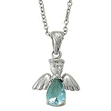 Sterling Silver 5/8 Aquamarine March Birthstone Angel Wing Necklace on 18 Chain
