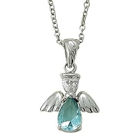 Sterling Silver 5/8" Aquamarine March Birthstone Angel Wing Necklace on 18" Chain