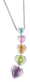 14K White Gold Designer Hand-Crafted Three Heart-Shaped Pendant, Set with Pave Diamonds and Semi Precious Stones, Sliding on a 16'' Cable-Chain Necklace.(GH-Color, SI-Clarity, c.t.t.w.0.08CT, Semi Precious Stones 4.11CT ).