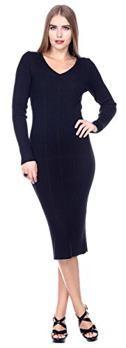 Stanzino Women's Long Sleeve Ribbed V neck Knit Extra Stretch Sweater Dress