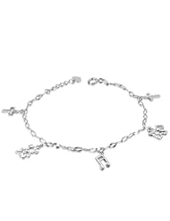 14K Italian White Gold Diamond Cut Cross, Dog, Bear & Music Note Charm Bracelet (6.5"), Women Girl Jewelry in Gift Box