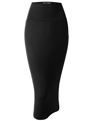 Doublju Women Lightweigh Fabric Elastic Waist Band Midi Skirts