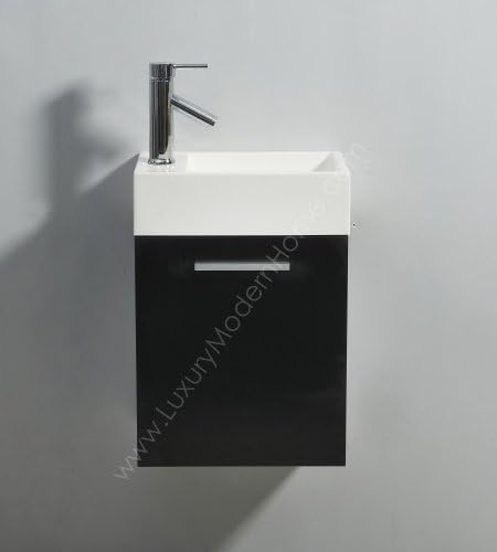 vs ALEXIUS 16" Inch BLACK Small Vanity Sink - Floating Wall Hung Mount Bathroom Modern Contemporary Narrow Tiny Short Cabinet cultured marble