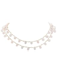 2 Row Nested, Faceted Rose Quartz Teardrops and White Freshwater Cultured Pearl Linked Chain Necklace