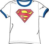 Superman RETRO SUPES DISTRESSED Adult White/Royal Ringer T-shirt Tee Shirt