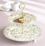 TWO TIER FLORAL SERVER - TWO TIER PORCELAIN GOLD RIM PLATES WITH HANDLE - tier server
