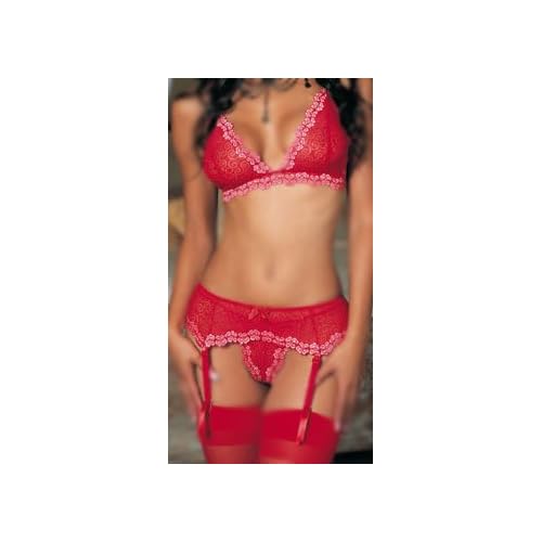 Flower Lace Trim Bra, Garter Belt, G-String, and Stockings 4 Pc