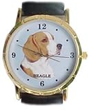 Beagle watch classic size 1.1/4 inch dial. Gold tone case Black leather band.