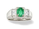 14K White Gold Genuine Oval Emerald and Diamond Men's Ring